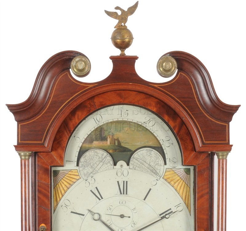 A fine Federal inlaid mahogany tall case clock by Caleb Wheaton & Son, Providence, Rhode Island, circa 1810.